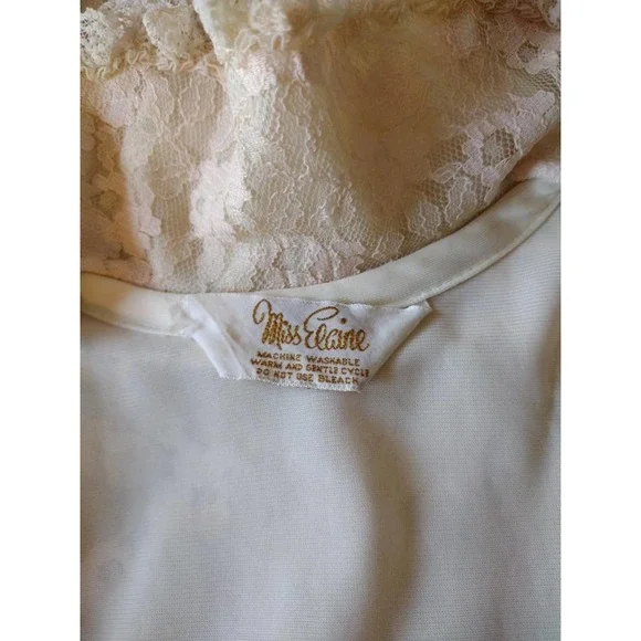 Vintage 1960s Miss Elaine Peach Pink Lace Long Robe Gown 3/4 Sleeves Lined M